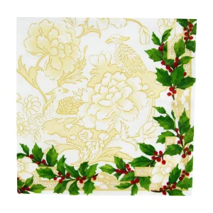 Caspari Holly Ceramic Ivory/Gold Luncheon Napkins